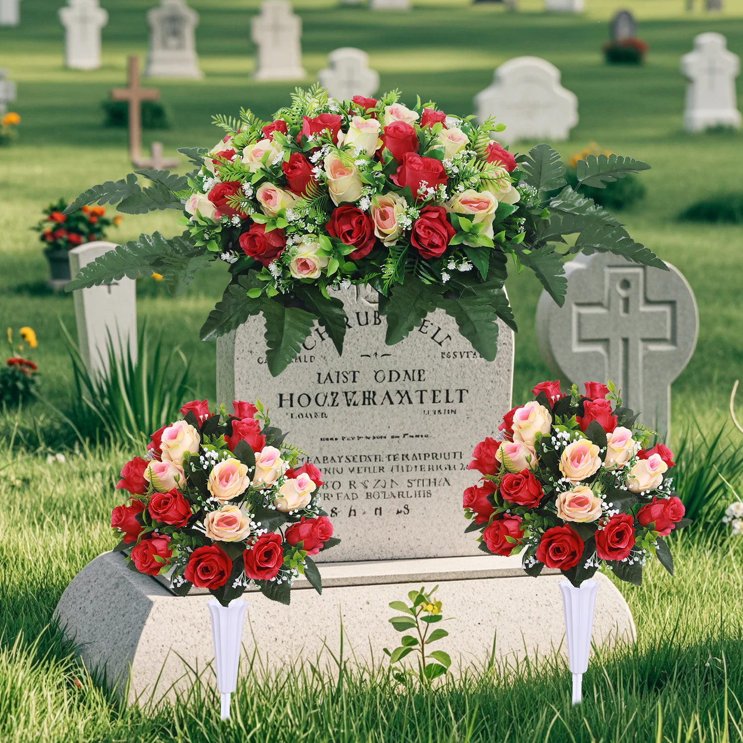 

3 Pcs Artificial Cemetery Flower Set Cemetery Flowers Saddle Cemetery Flowers Rose Bouquets with Vase 1 Saddle and 2 Memorial