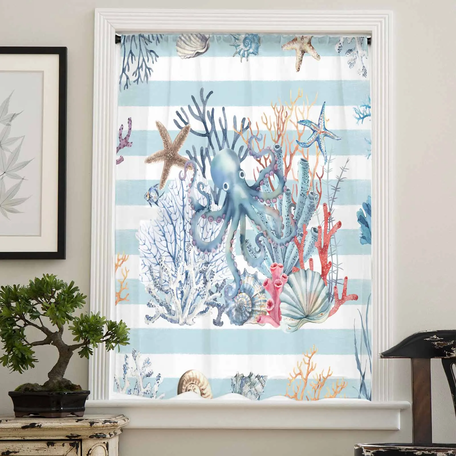 Ocean Blue Striped Coral Starfish Shell Conch Octopus Sheer Curtain Living Room Drapes Home Voile Curtain Tulle Window Curtain