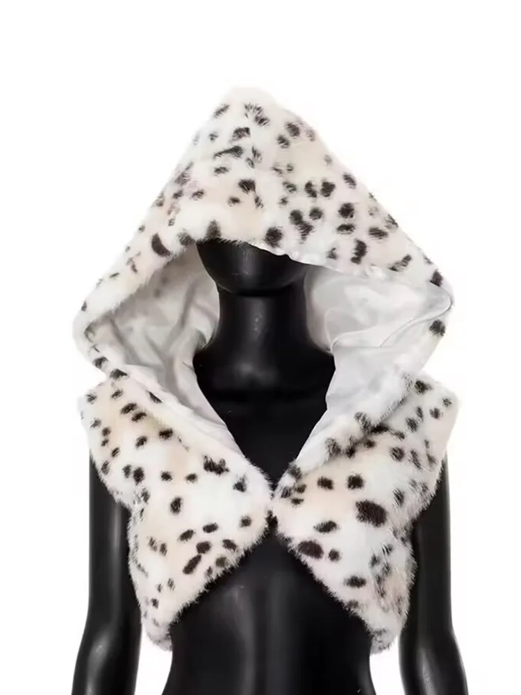Y2K Cappotto corto in pelliccia sintetica pelosa con cappuccio con stampa leopardata sexy Abbigliamento donna Tendenza Halloween Cosplay Gilet in pelliccia sintetica Top in pelliccia da donna