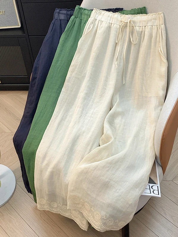 

Summer New Embroidered Double Layered Wide Leg Pants Elastic Waist Corded Drawstring Casual Trousers for plus Size Women