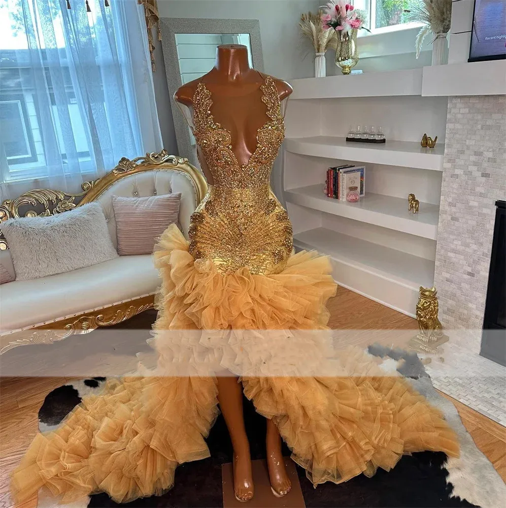 

Gold Velvet Sequin Long Prom Dresses Black Girls 2024 Luxury Major Beading Diamond Mermaid Sheer Formal Evening Party Gala Gowns