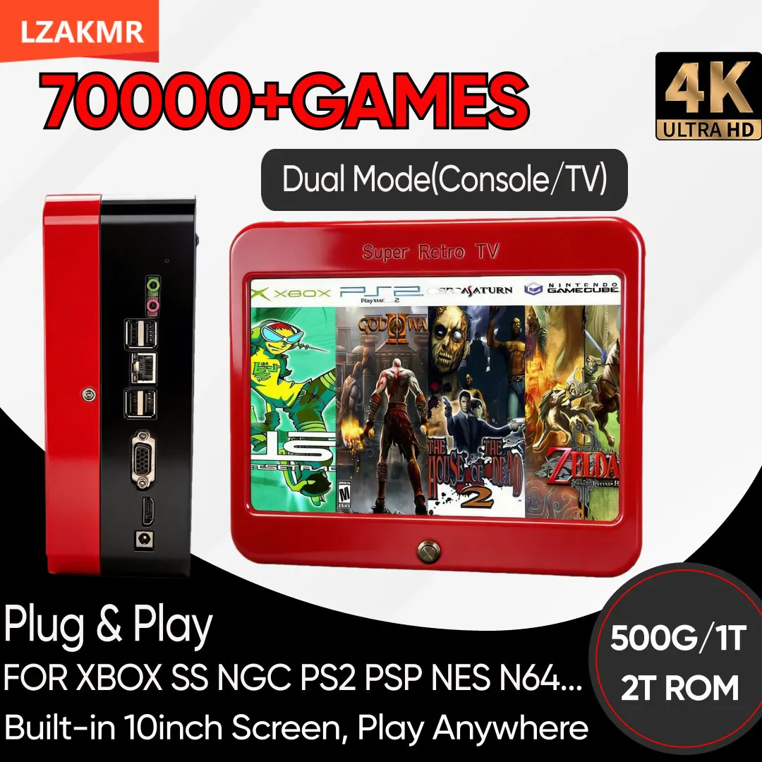 

Игровая консоль T1 со встроенными более 70000 играми, 10-дюймовым HD-экраном, поддержкой Plug&Play, более 60 эмуляторов для PS2/SS/NGC/WII, 500 ГБ/1 ТБ ROM, 4 ГБ/8 ГБ RAM.