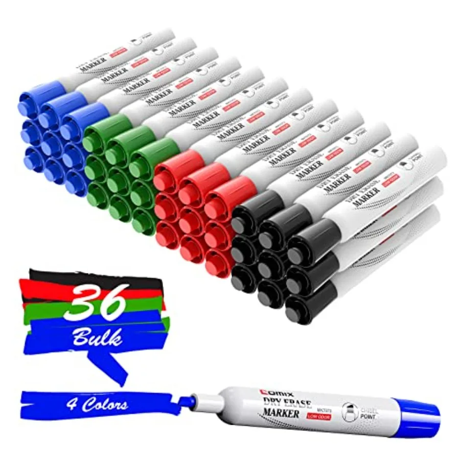 

Dry Erase Markers, Chisel Tip Whiteboard Markers, 36 Bulk 4 Assorted Color Low Odor Markers for Classroom, Teachers, Office, Sc