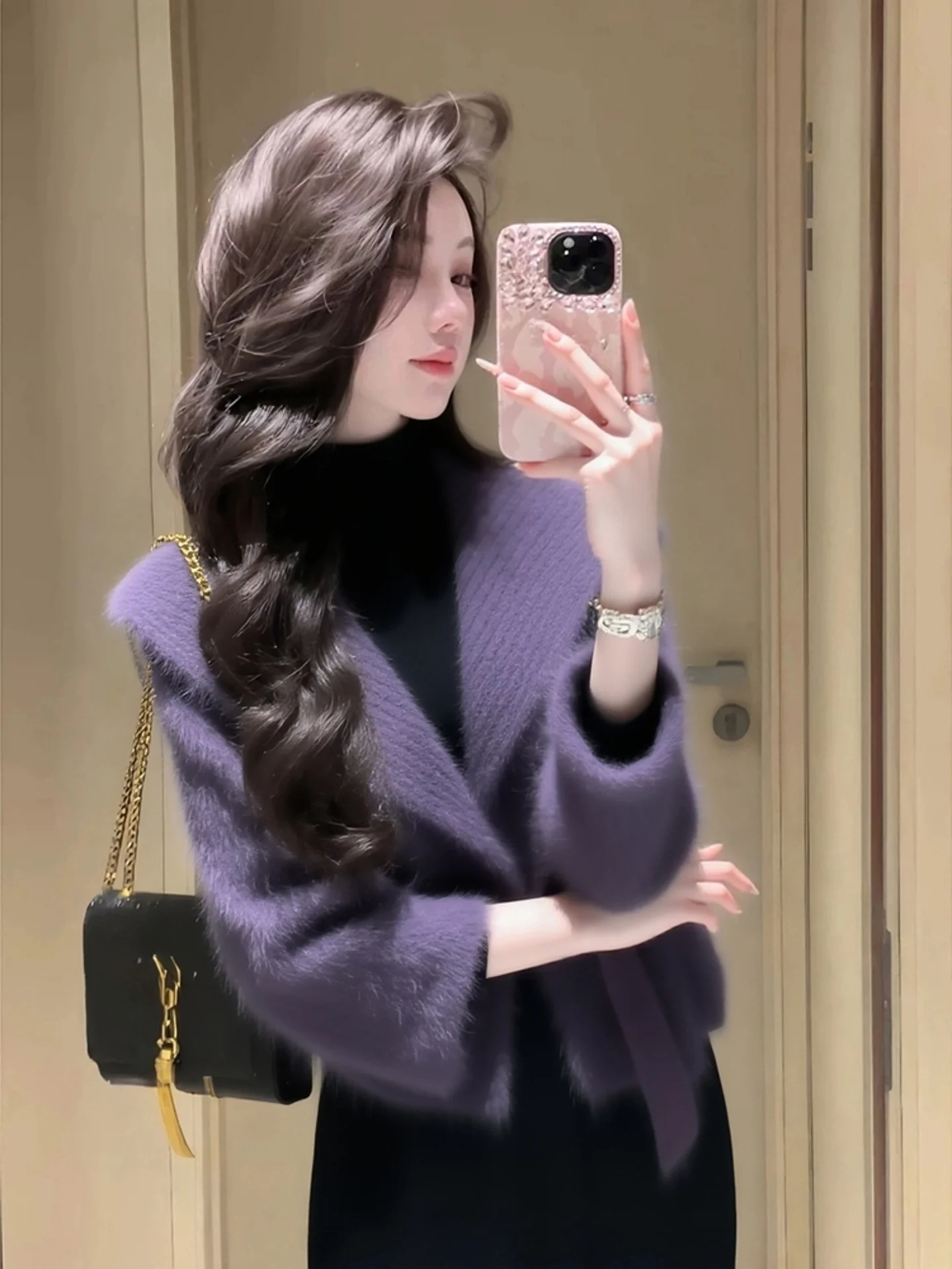 

Уникальный красивый корейский зимний фиолетовый вязаный кардиган-жилет свободного кроя, роскошная внутренняя одежда, длинный рукав