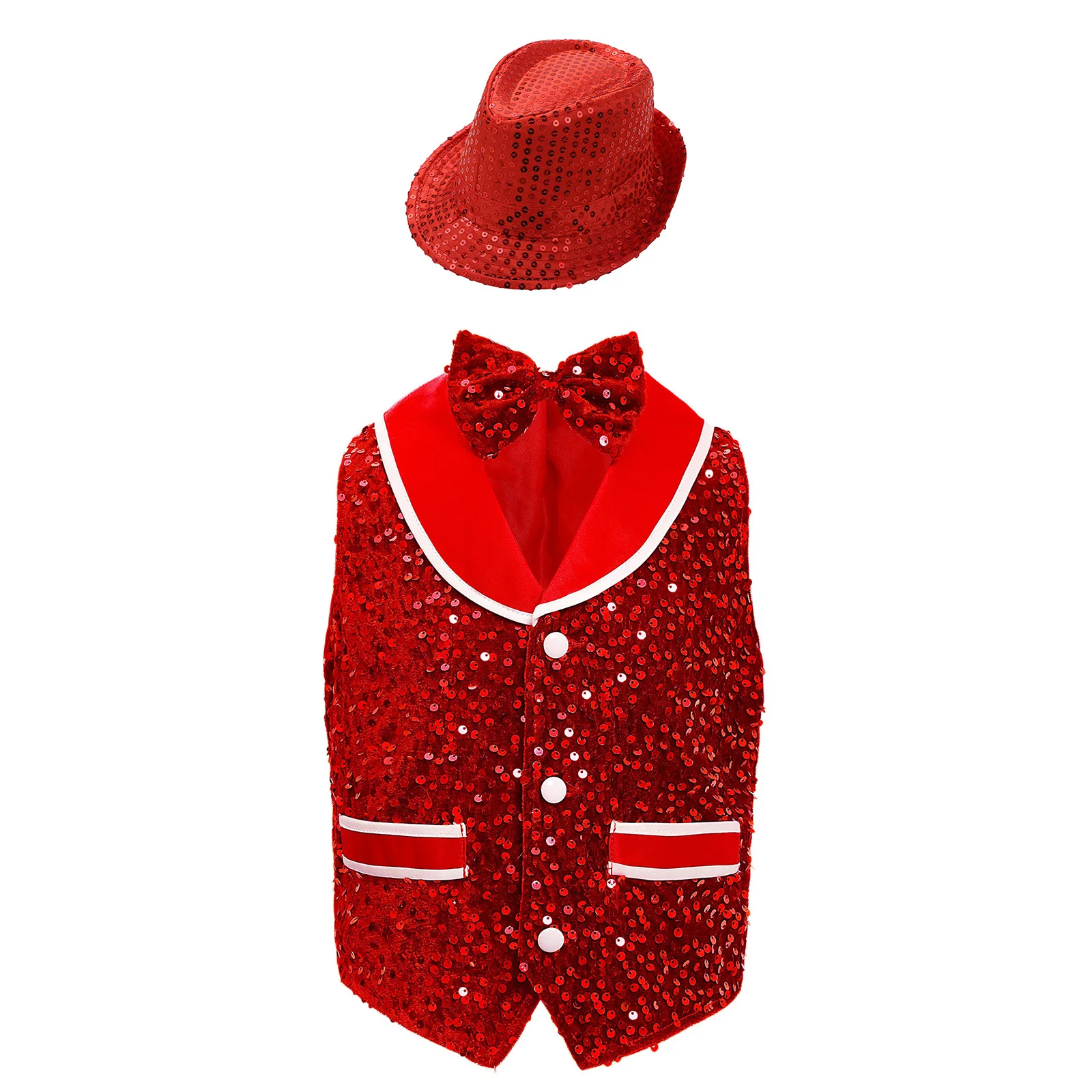 

Kids Boys Girls Gentleman Vest Jazz Dance Performance Outifit Sparkling Sequins Velvet Buttons Waistcoat with Bowtie and Hat
