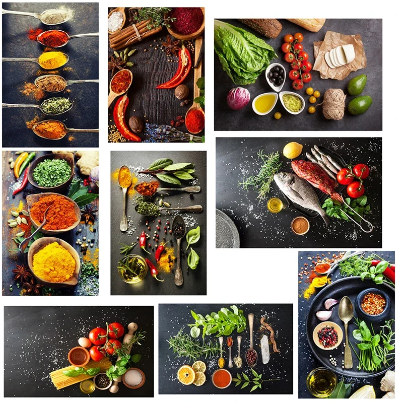 Grains Spices Spoon Vegetable Cooking Food Fruit Kitchen Diamond Painting Wall Art Painting for Living Room Home Decor (No Fra
