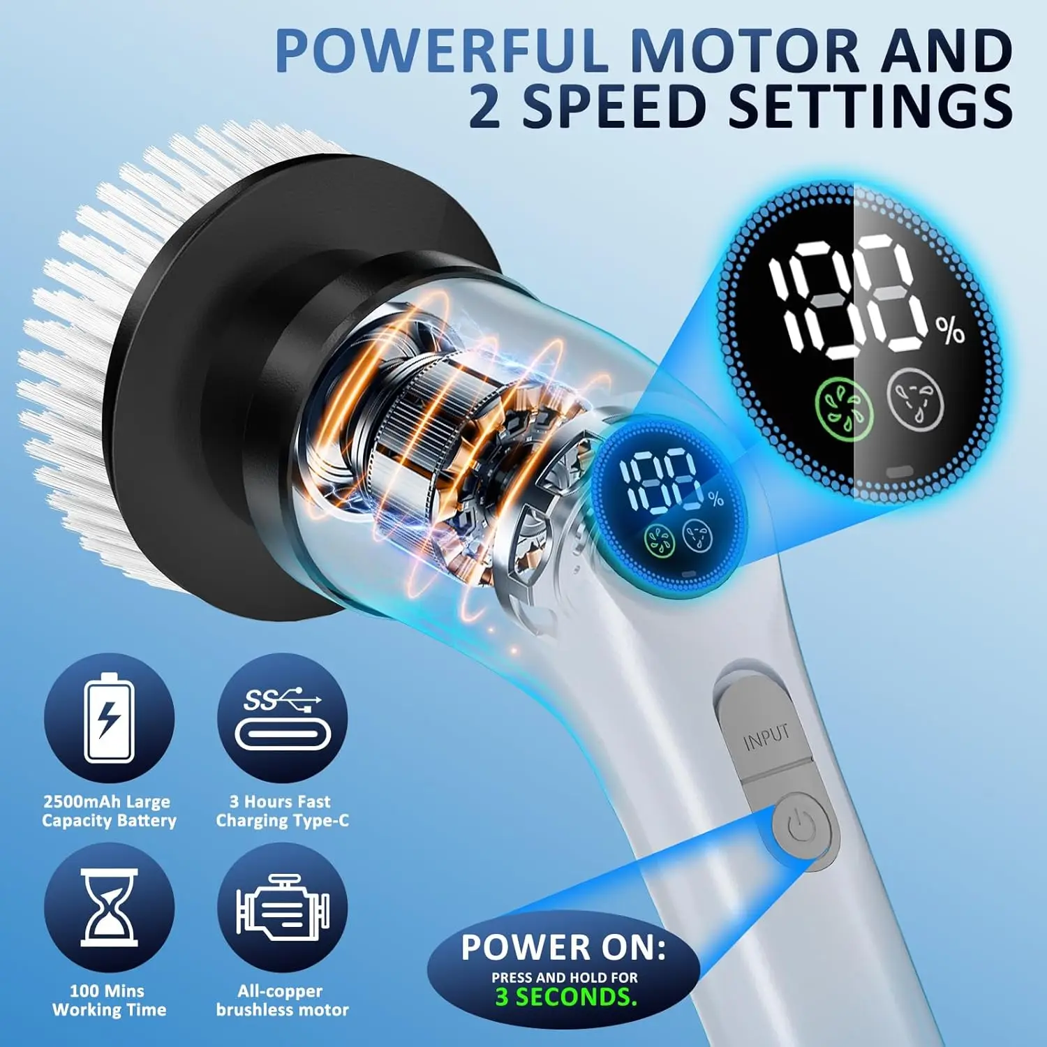 جهاز تنظيف دوار كهربائي مع 7 رؤوس فرشاة، سرعتان، مقبض طويل، مقاوم للماء IPX7، بطارية ممتدة للحمام والمطبخ والعرض