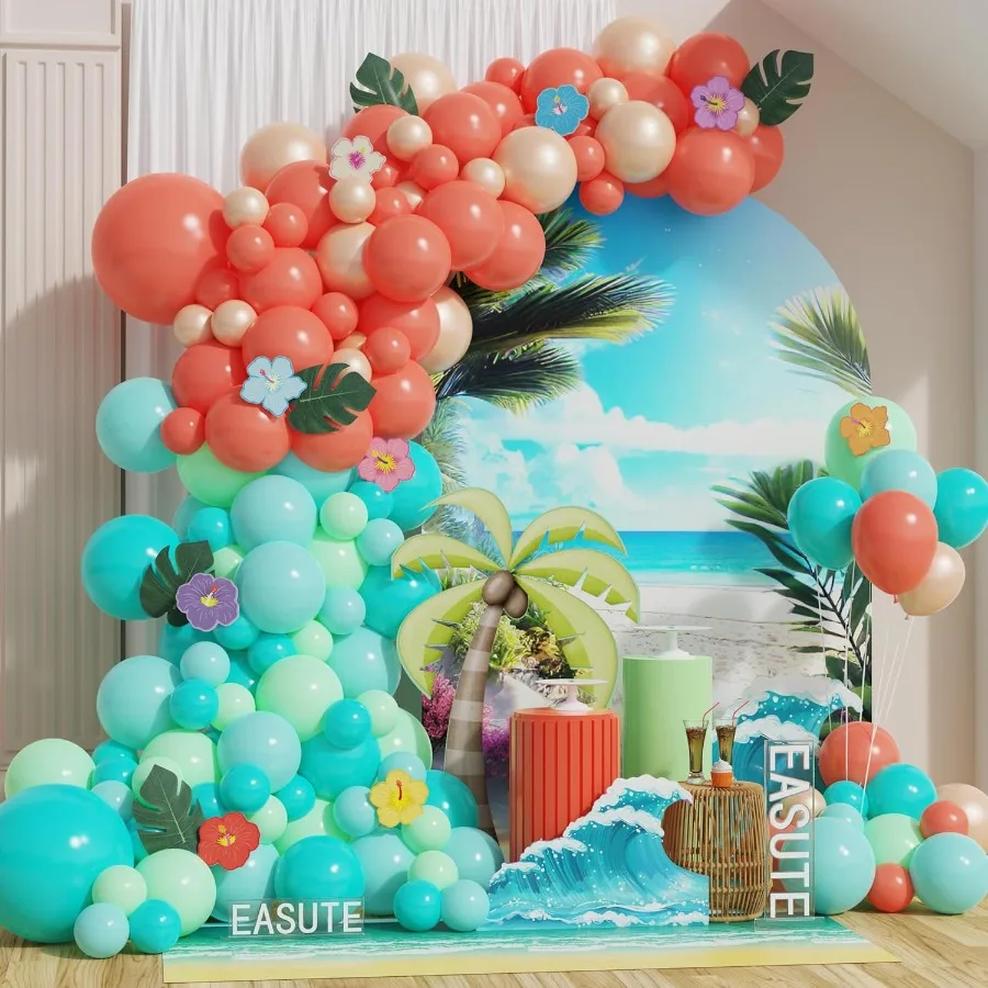 137pcs Moana Birthday Party Supplies Aqua Blue Coral Pearl Champagne Gold Latex Balloons with Summer Hibiscus Sticke for Tropic