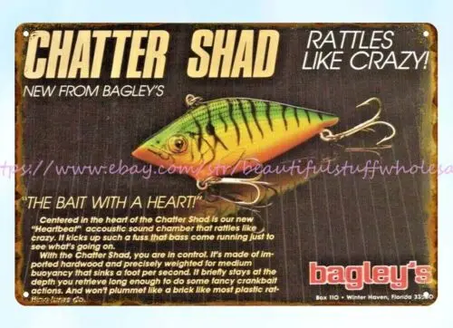 kitchen wall plaques 1985 Bagley Chatter Shad Fishing Lure Bass metal tin sign