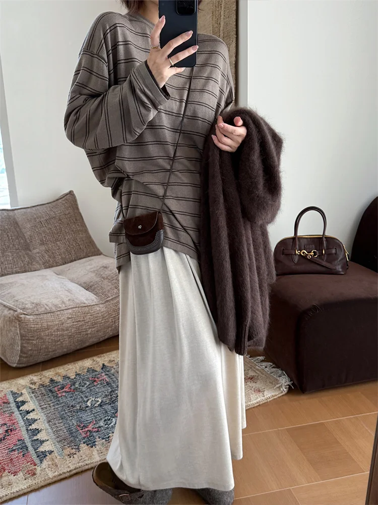 

Autumn Winter Woolen Knitted round Ne Base irt Women's Lazy Sle Retro Striped Casual Top Skin-friendly Loose Fit T-irt