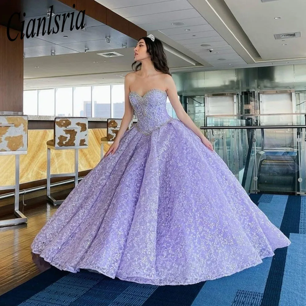 Vestido De encaje lila para quinceañera, traje De baile con cuentas para fiesta De cumpleaños De 15 Años, 2023