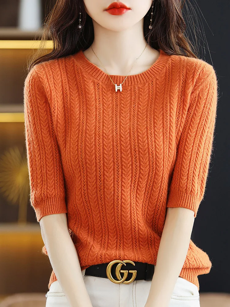 ADDONEE  Women Summer T-shirt Half-sleeve Hollow O-neck Pullover Sweater 100% Merino Wool Knitwear Office Lady Clothing Cashmere