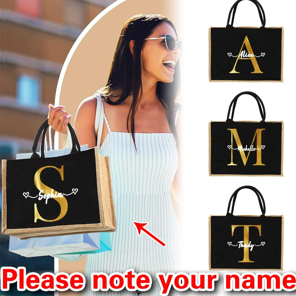 

Customizable Name Linen Handbag Linen Handbag Gold Letter Reusable Eco Friendly Grocery Storage Bag Retro Beach Bag