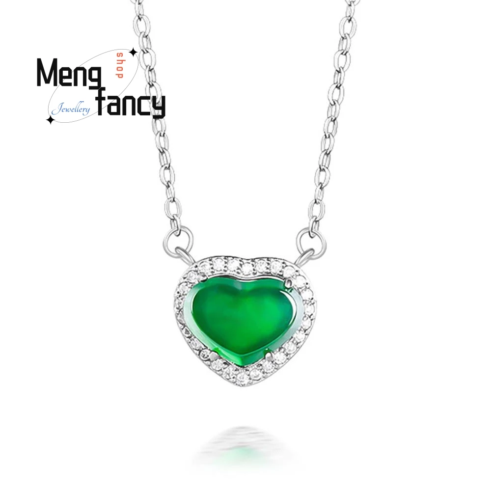 

High-grade Natural A-goods Jadeite Yang Green Love Pendant S925 Silver With Ice Jade Female Models Fashion Pendant Set Chain