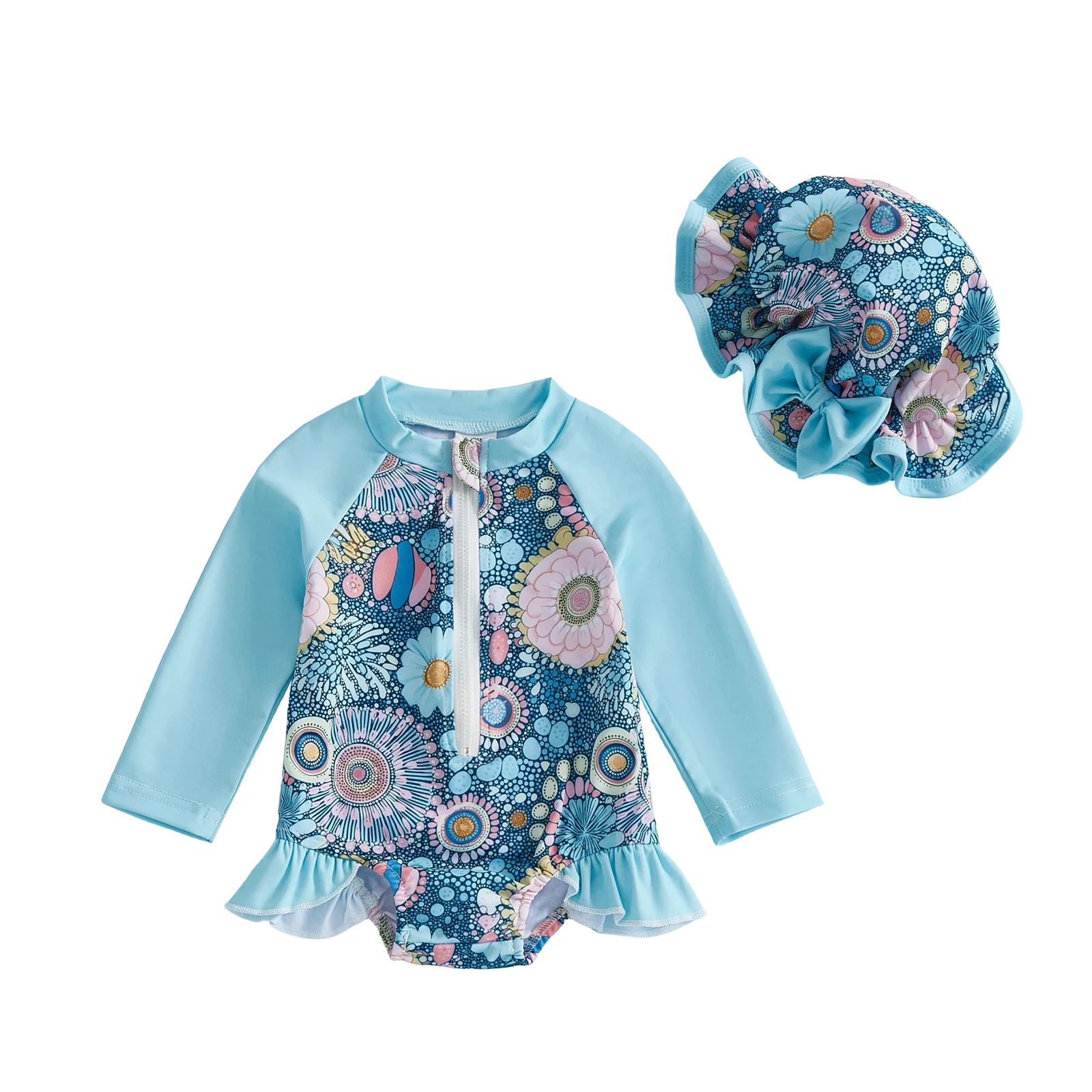 Baby Girl Swimsuit Set Floral Rash Guard Long Sleeve Zip-up Bathing Suit with Cap 2 Piece Set
