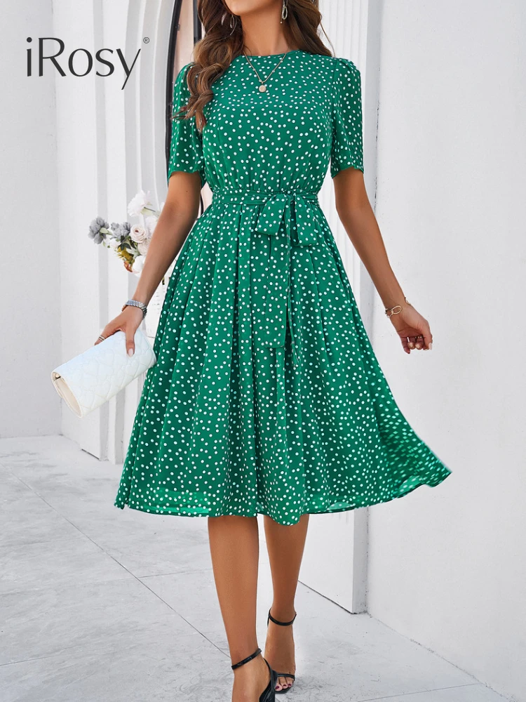

2024 New in Women's Spring Summer Elegant Dots Midi Chiffon Dresses with Lace Up Female Formal Vacation Birthday Party Dress