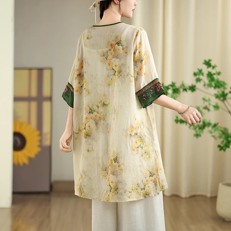 Haut en lin brodé rétro pour femmes, nouvelle collection d'été, longueur moyenne, fin, chinois, bouton latéral, slip, mélange de coton et de lin