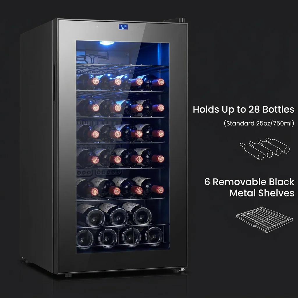 28 Bottles Compressor Wine Cooler Single Zone Freestanding Wine Refrigerator Electronic Touch Control 37-65°F Adjustable Temp Blue Interior Light Wine Storage Fridge for Home Bar Kitchen