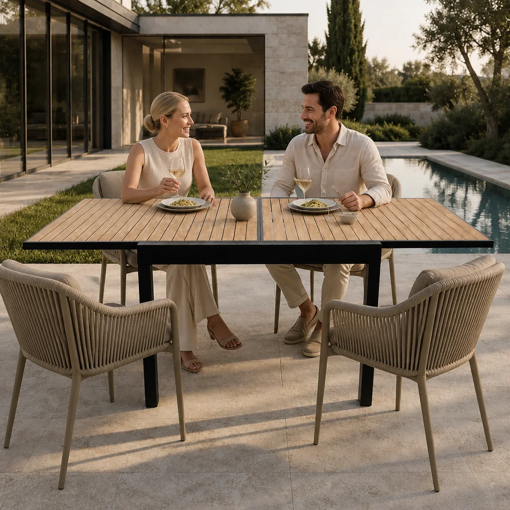 Matte Black Extendable Dining Table Natural Wood Slatted Surface Modern Patio Furniture for Garden Outdoor Entertaining