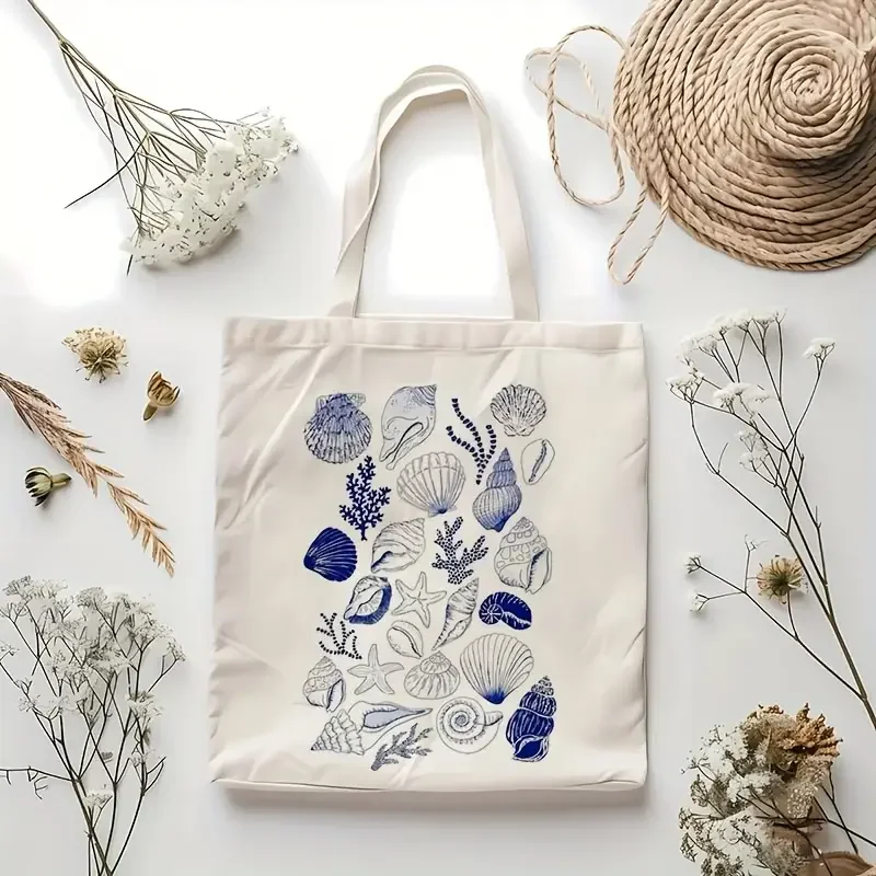Green Line Floral Whale Canvas Tote Bag Underwater Plant Marine Graphic Handbag For Nature Fan Outdoor Travel Shoulder Bag