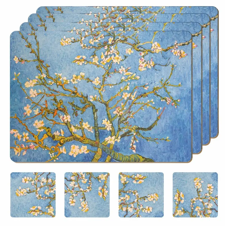 

of 4 Heat Resistant Cork Placemats for Dining Table with Free Set of 4 Matching Drink Coasters Van Gough Blue Botanical Design 1
