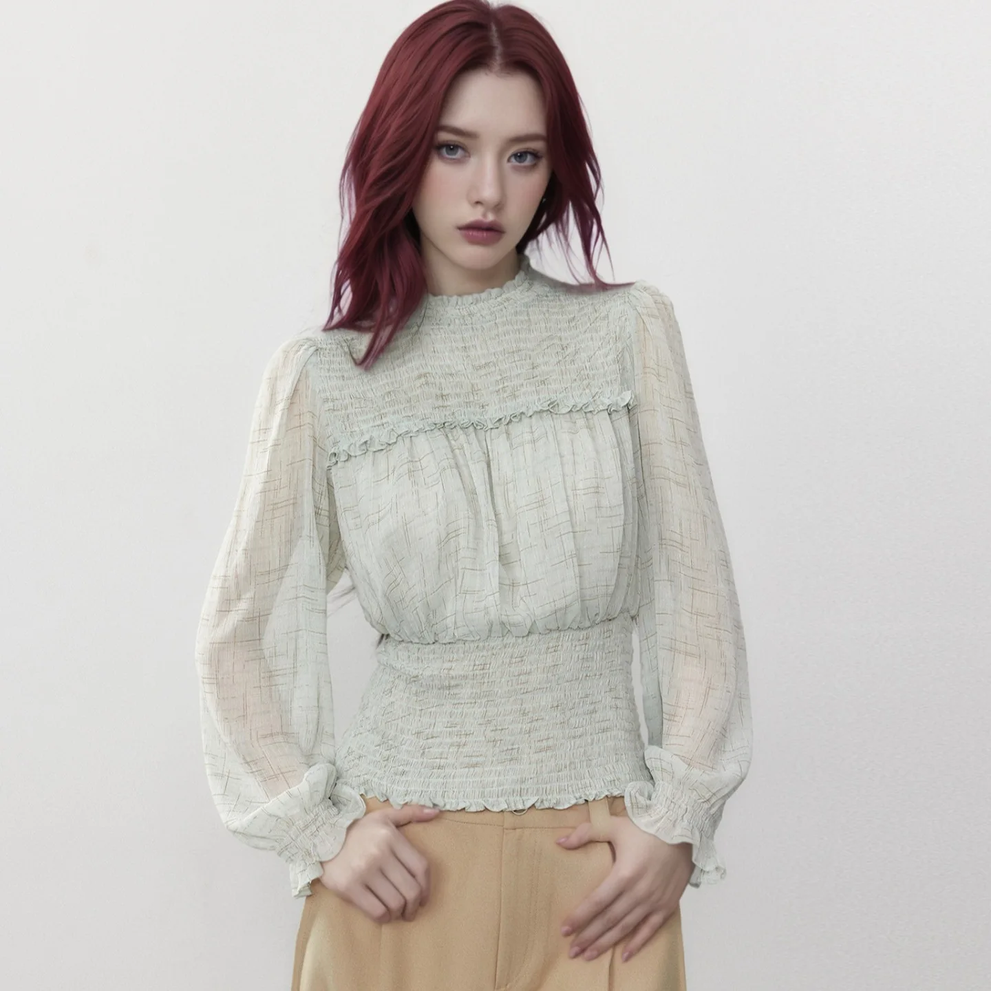 2026 New Spring French Style Ruffle Trim Waist Slim Shirt For Women Slim Fit Fashion Elegant Casual Blouse Unique Top