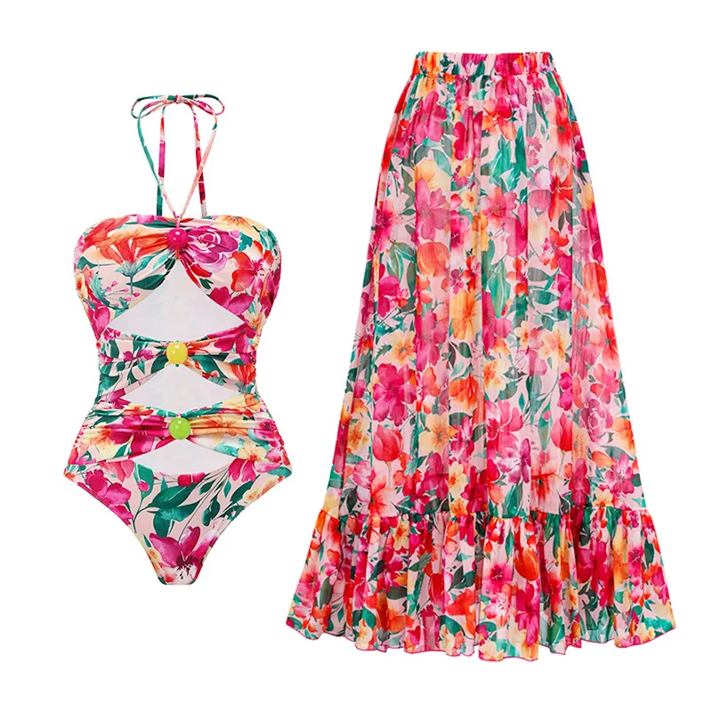 

New Women's One-Piece Swimsuit Hollow out Ne Design Beach Vaion Set with Umbrella Skirt Surfing Polyester Fabric ort S...