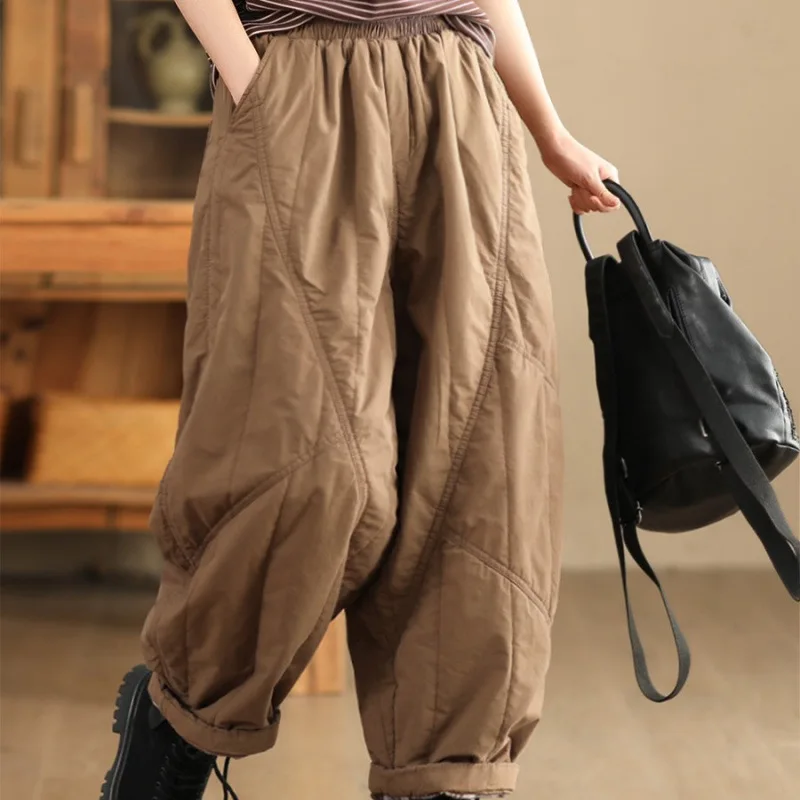 กางเกงฮาเร็มทรงหลวมสไตล์จีน ย้อนยุค แฟชั่นวินเทจ เอวยางยืด ตัดต่อผ้า รุ่นใหม่สำหรับผู้หญิง ฤดูใบไม้ร่วง ปี 2025 ZEMOREXMZ