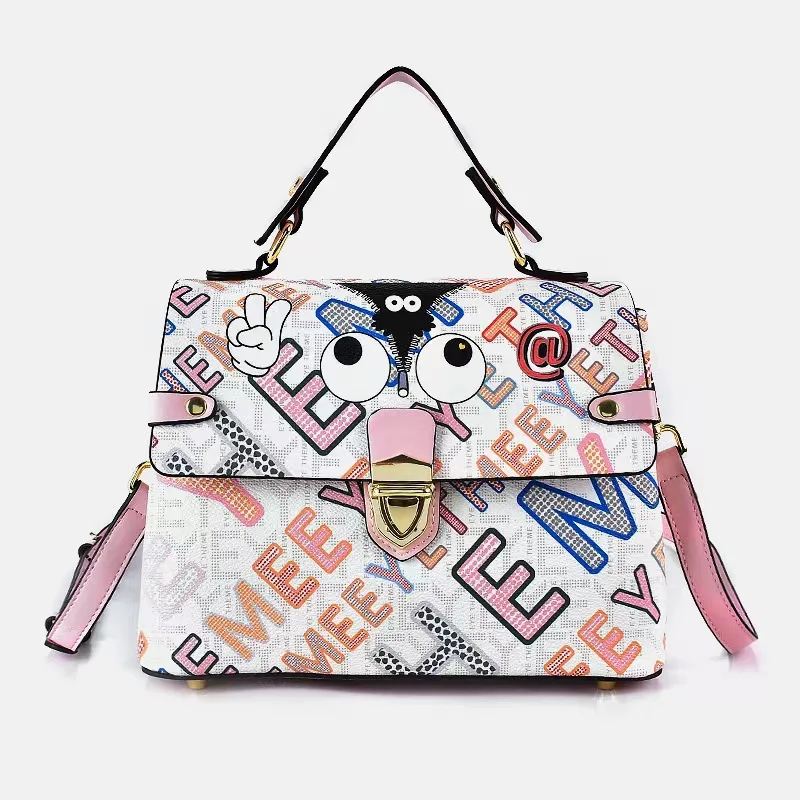 Eye Theme Printed Graffiti Women's Flip Handbag Letter Color Printed Zipper Lock Strap Bag Adult Girls Handbag