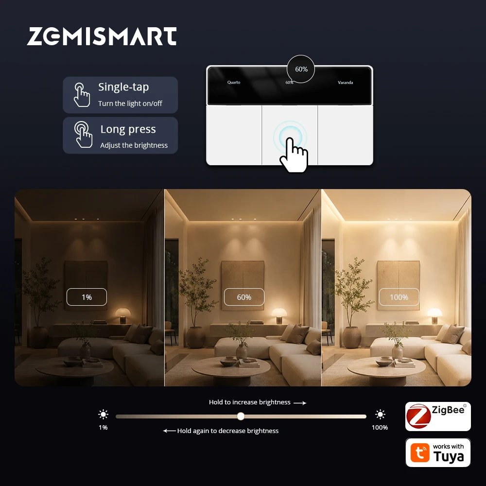 Zigbee Dimmer Switch Horizontal Display Screen Big Push Button Work with Tuya Smart DIY Name Switch Alexa Google Home Voice