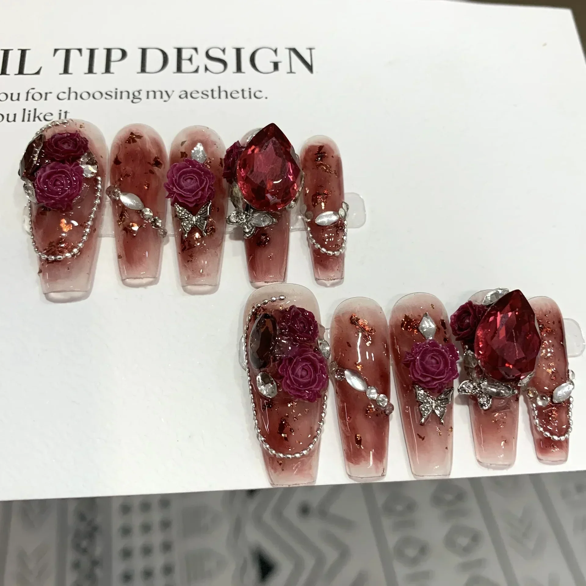 10Pcs Long Handmade Press on Nails Rose Flower Fake Nails Rhinestone Wearable Stick-on Nails False Nail Uñas Накладные Ногти 네일팁