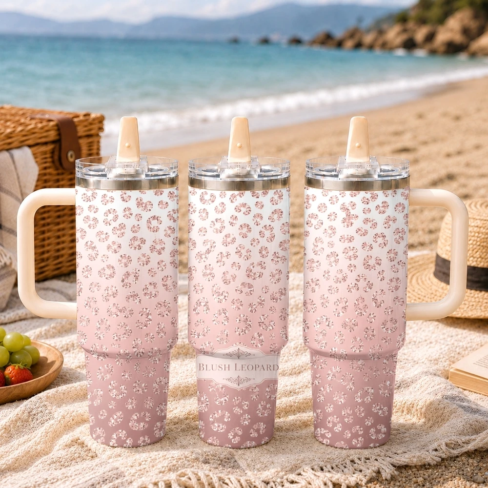 Ombre Pink Leopard Print Vacuum Flasks 40oz Thermal Tumbler Stainless Steel Insulated Water Portable Mug Cup