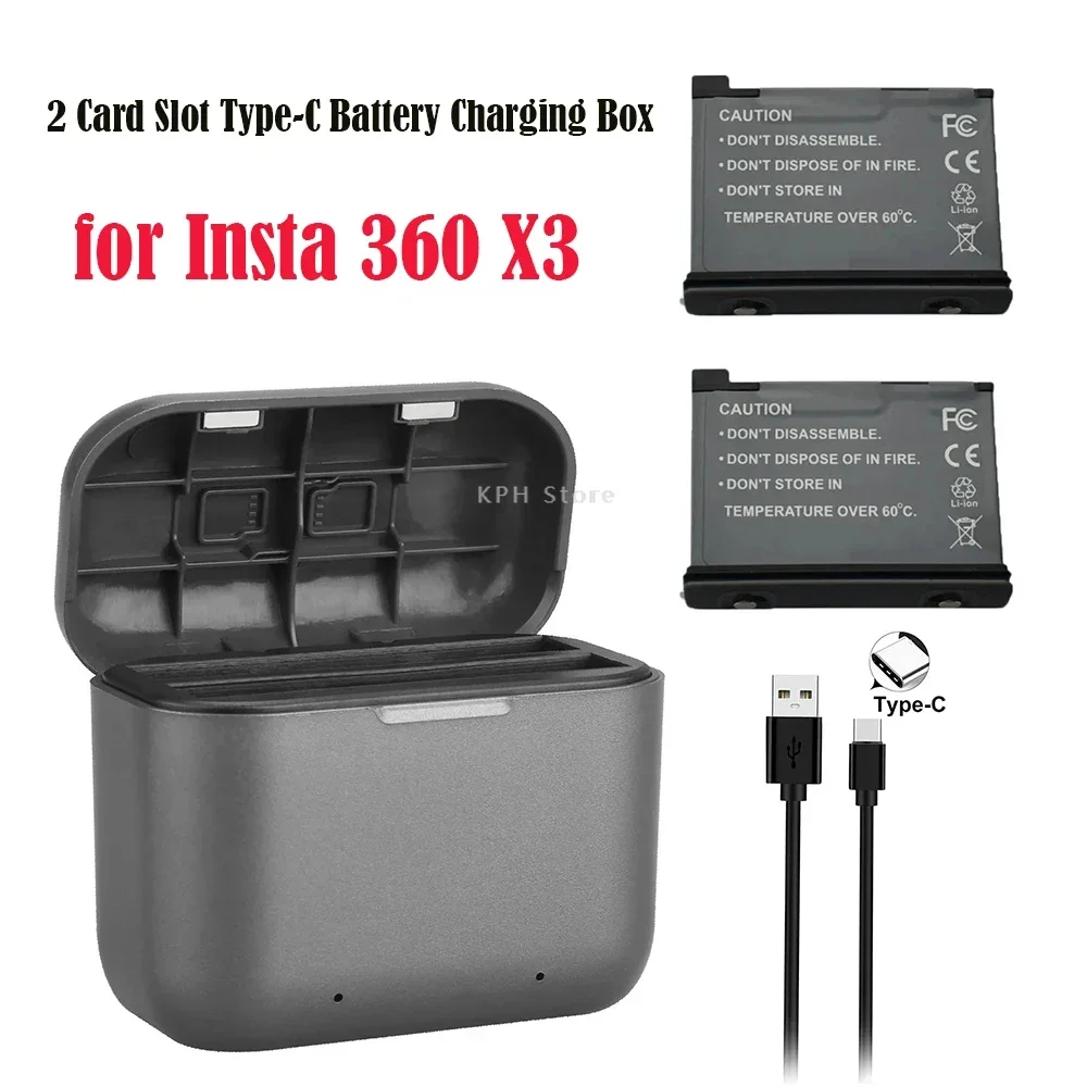 2 Card Slot Type-C Battery Charging Box for Insta 360 X3 Battery /1800mAh Rechargeable Li-ion Battery for Insta 360 X3 Accessory
