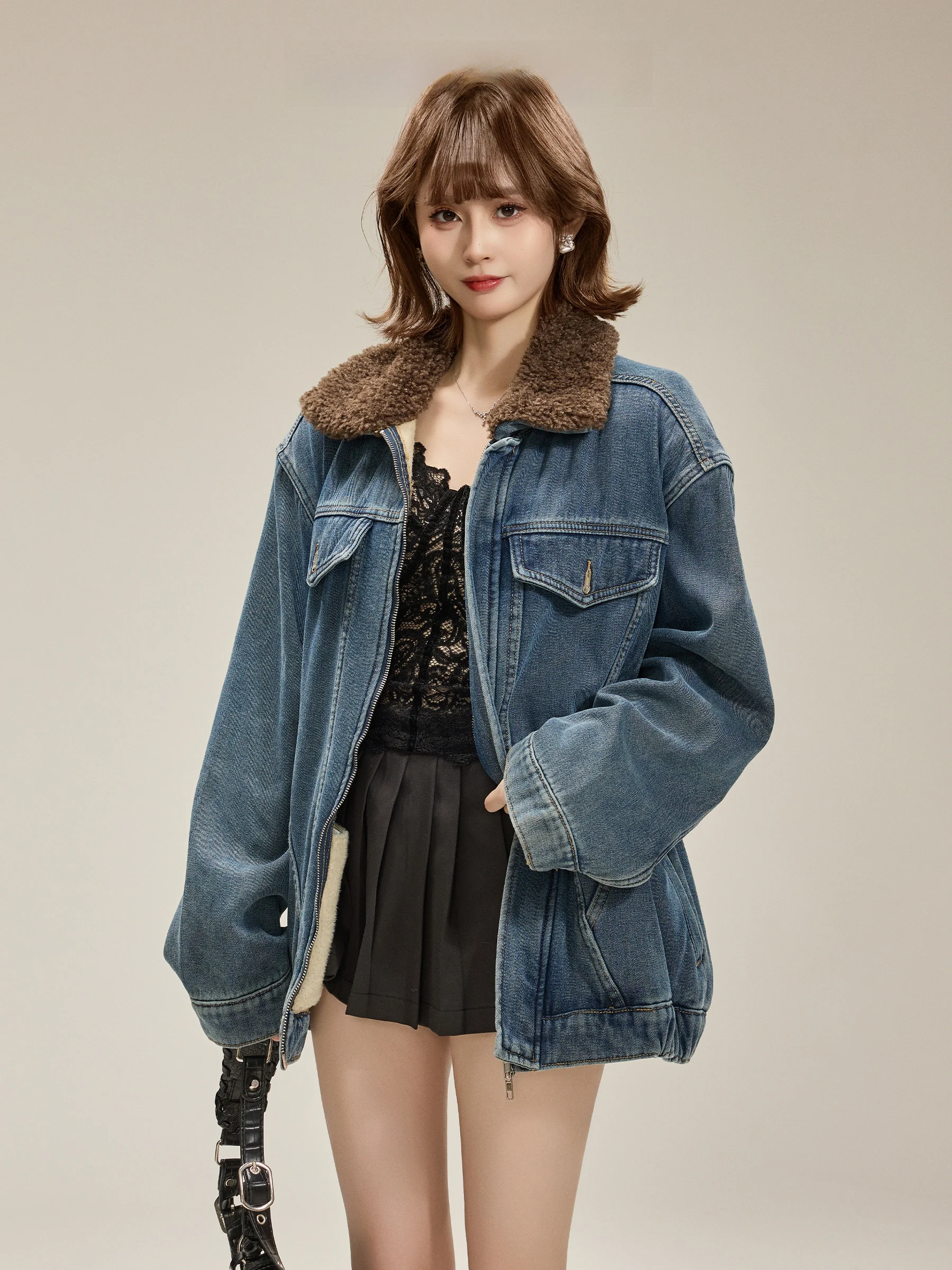 

Thiened Denim Jaet Women's Casual Sle Loose Fit Collar Mid-Length Outerwear Korean Sle Winter Coat Padded Zipper Closure