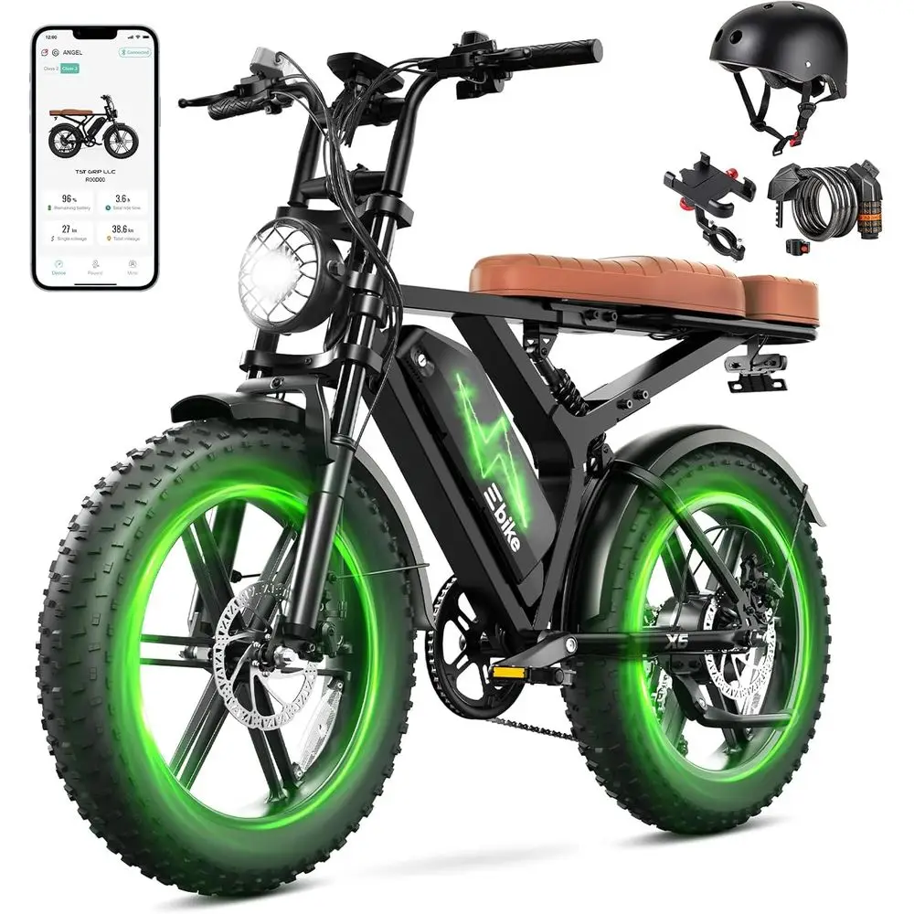 

High-Power Retro-Style E-Bike, 1500W Motor, 60-100 Mile Range, 48V Removable Battery, 20x4 Tires, Full Suspension, App-Controlle