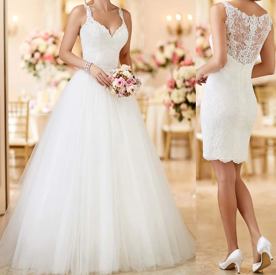 Duas peças vestidos de casamento com trem destacável, saia de tule, bainha espaguete, vestidos de noiva, 2 em 1