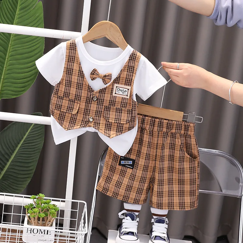 Korean 1 2 3 4 5 Years Boys Summer Set 2023 New Gentlemen Plaid Short Sleeve Bowtie Tops Shorts 2pcs Suit Birthday Party Costume