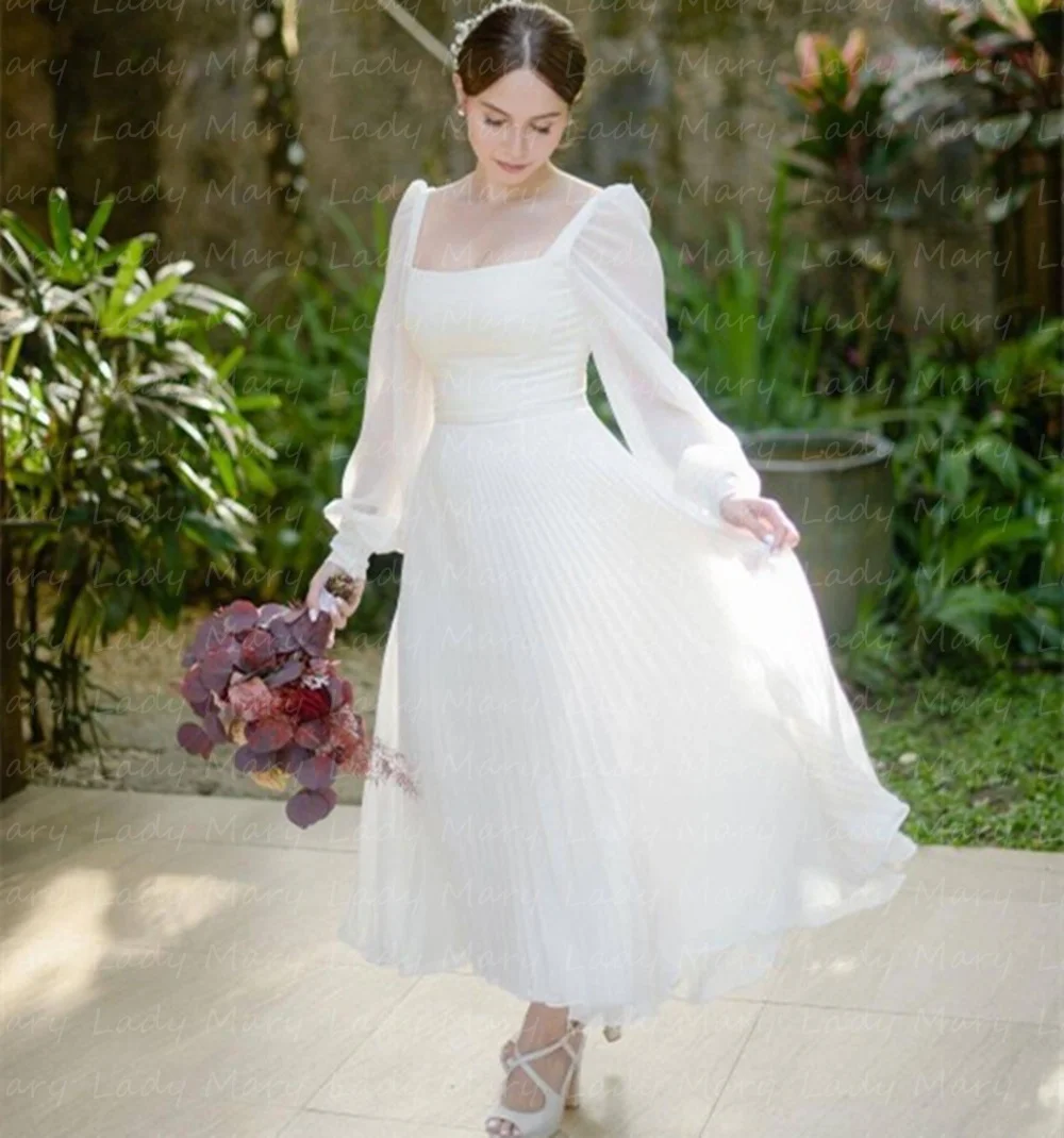 

Off White Chiffon Wedding Dresses Puffy Long Sleeves Square Neck Outdoor Bridal Gowns Ankle Skirt Summer Beach Customized 2025