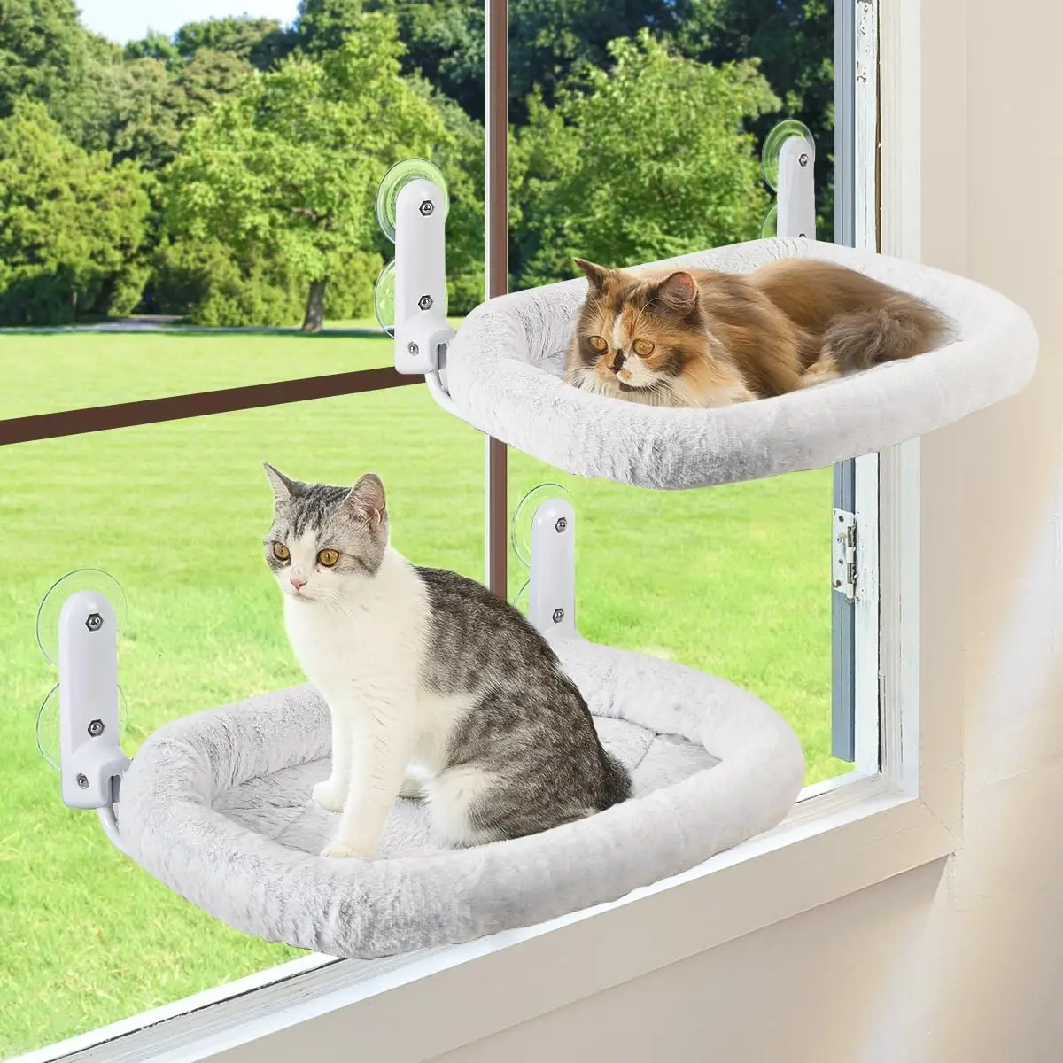 

2PC Foldable Cat Window Perch with Bolster Cushion Bed, Metal Frame & Large Suction Cups for Indoor Cats