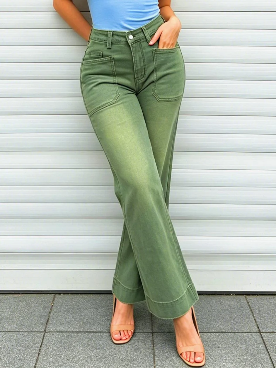 Women's Pure Cotton High-Waisted Wide-Leg Denim Jeans - Everyday Casual Wear, Basic Comfortable Fit, Stylish Casual Trouser Pant