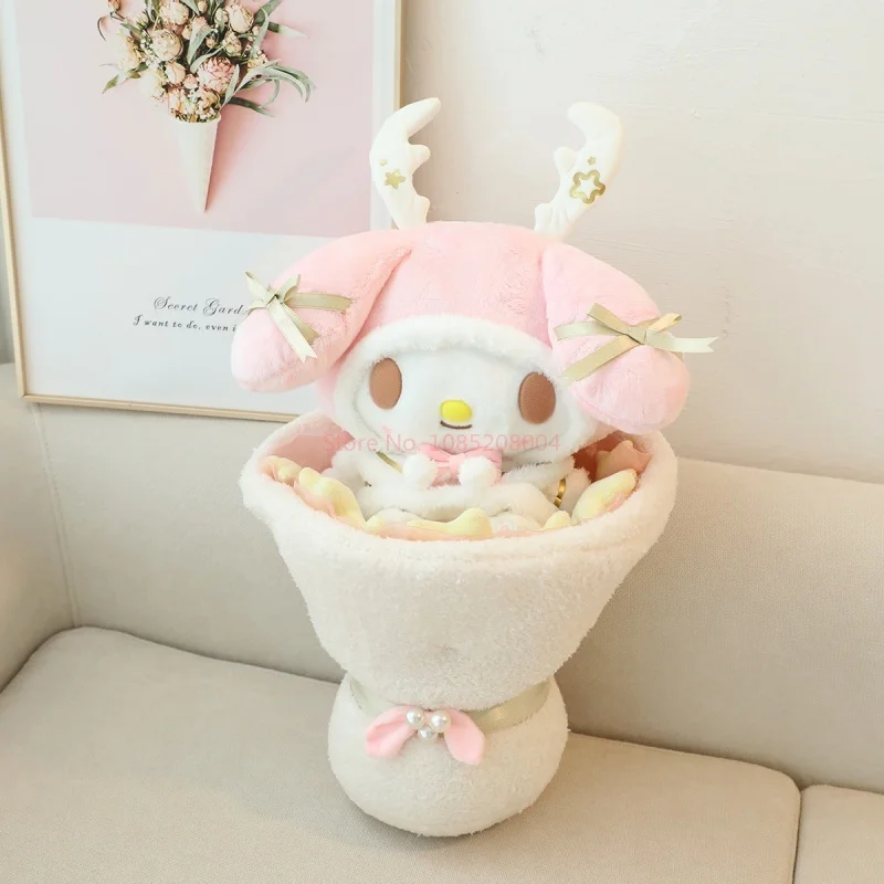 Sanrio Melody Flower Plush Toy, Kawaii Desenhos Animados, Kuromi Hello Kitty Bouquet, Brinquedos Recheados, Decoração do quarto Boneca, Presente do dia dos namorados