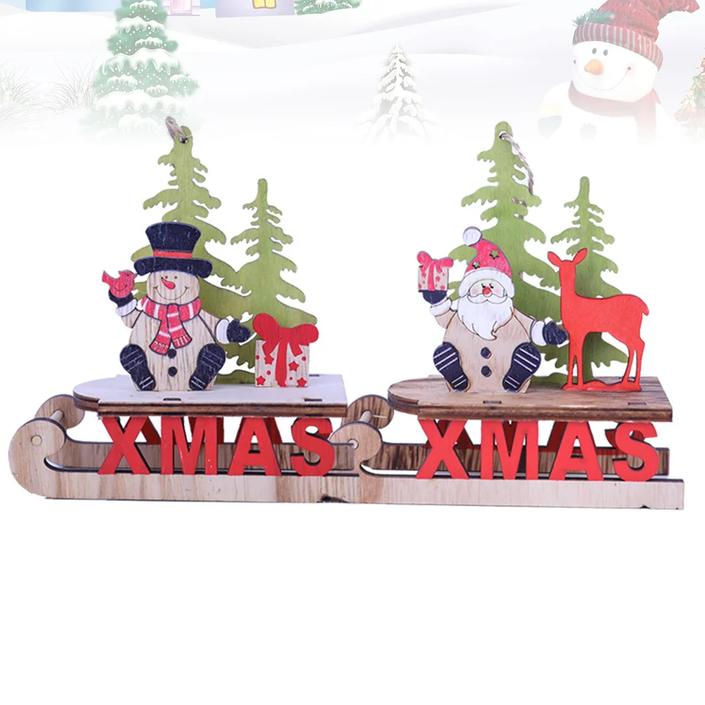 

2Pcs Christmas Wooden Sled Desktop Decor Xmas Wooden Ornaments Creative Decorative Accessory for Home Bedroom Living Room Party