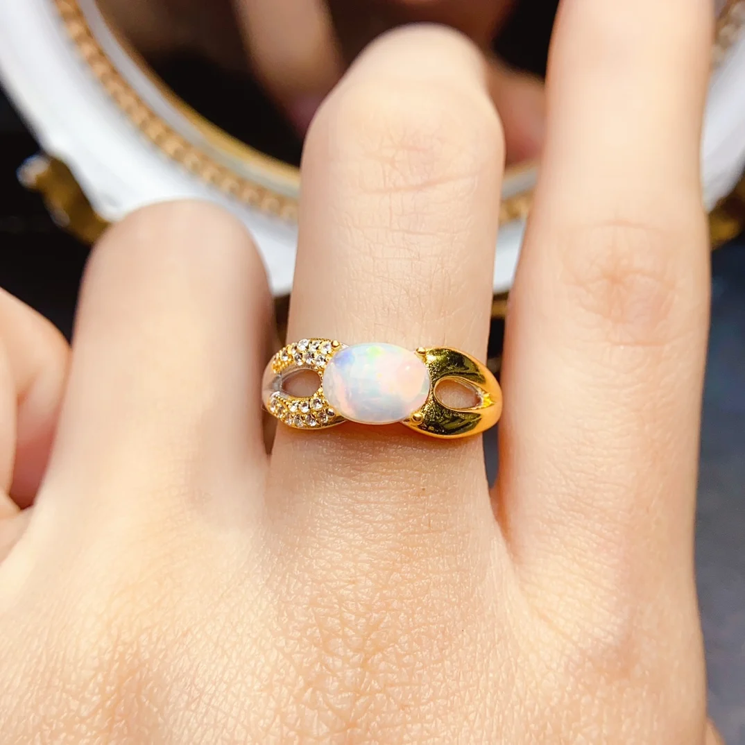 FS S925 Sterling Silver Inlay 6*8mm Natural Opal Fashion Ring for Women Fine Charm Weddings Jewelry With Certificate MeiBaPJ