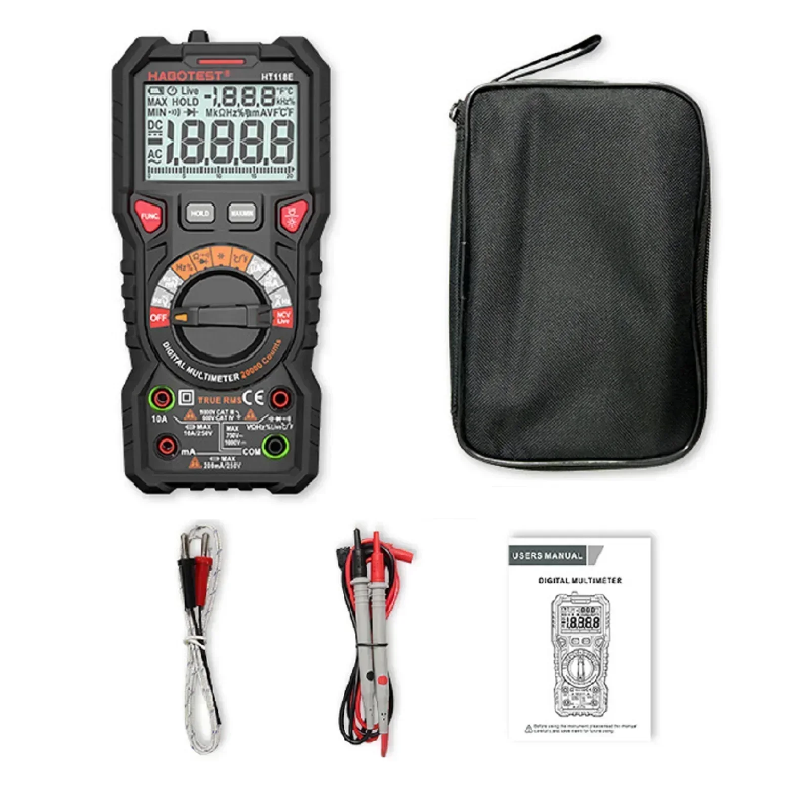 

Heavy Duty Multimeter HT118E 20000 Counts Display Digits LED Jack Indicator Double Ceramic Fuse Rubber Protective Sleeve