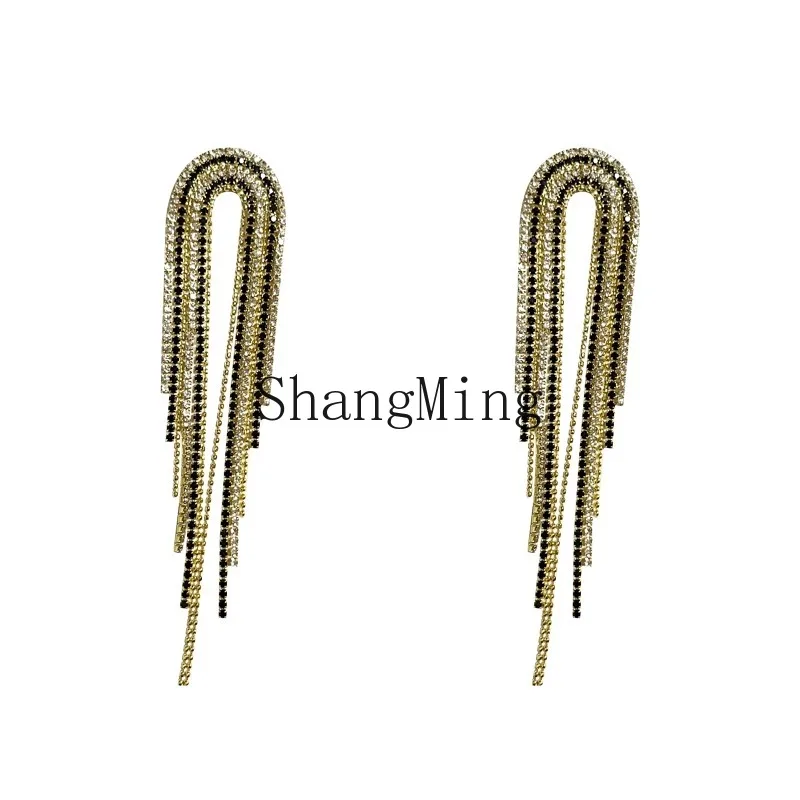 

ZYH sterling silver temperament long tassel fashion exaggerated contrasting color full diamond earrings high sense