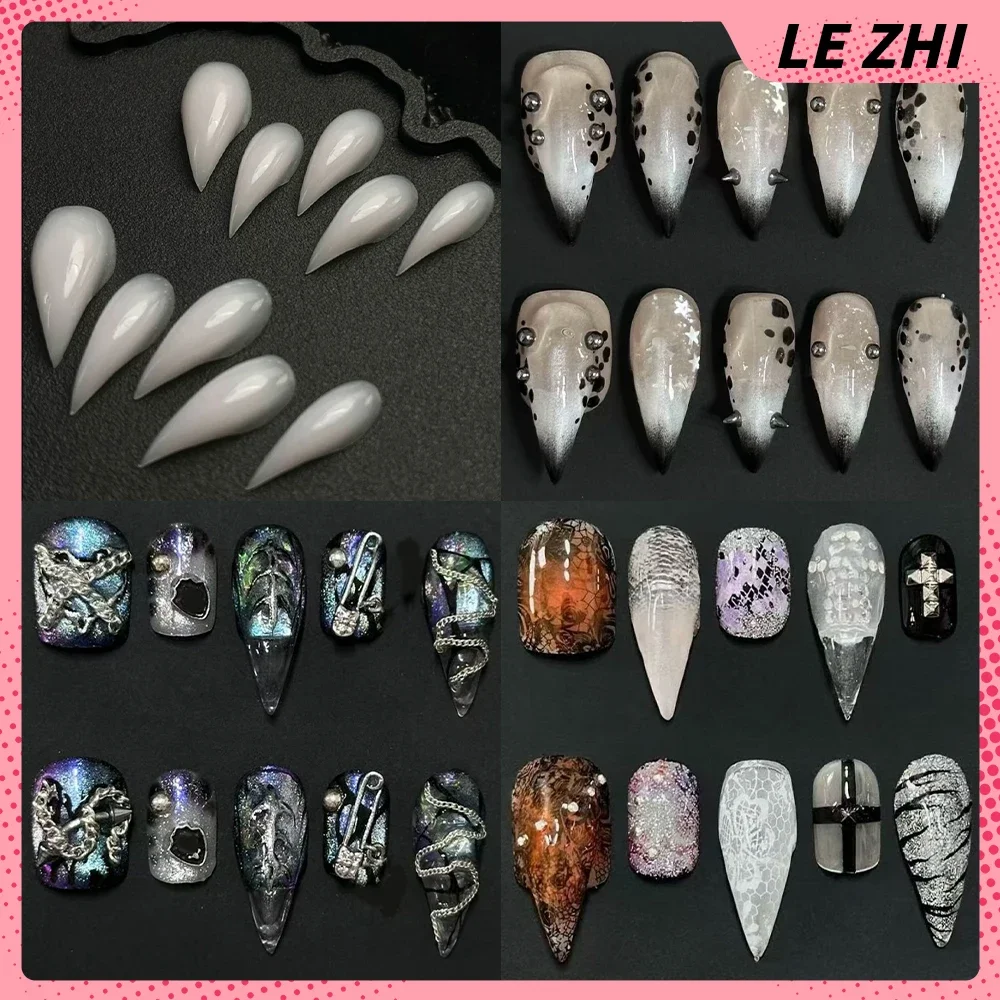 

Spicy Girl Fashion Handmade Long Coffin Duckbill Dragon Claw Press On Nails Metal Bow Steel Ball Flowers Diamond False Nail