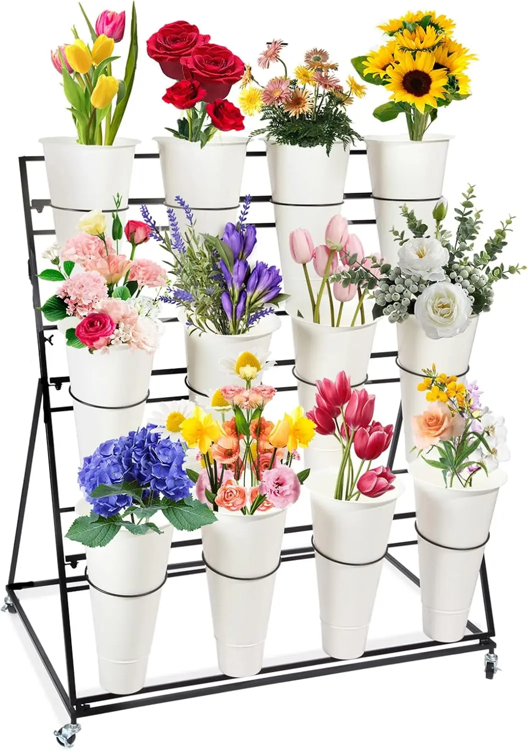 Flower Display Stand with Buckets, 3 layers Metal Plant Stand with Wheels, Moving Florist Bouquet Shelf