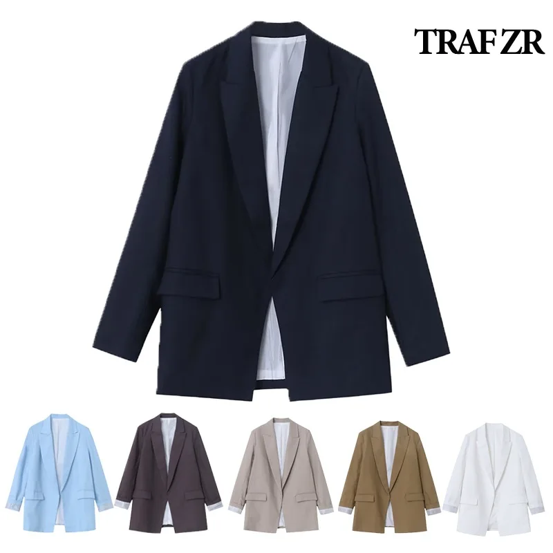 TRAF ZR Elegant Women\'s Jackets Office Lady Linen Jacket Long Sleeve New in Outerwears Bomber Spring 2024 Women Clothes Y2k Top