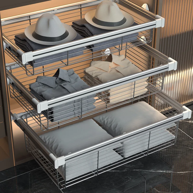 Wardrobe pull basket drawer type built-in telescopic pants rack cloakroom push-pull storage basket layered transformation