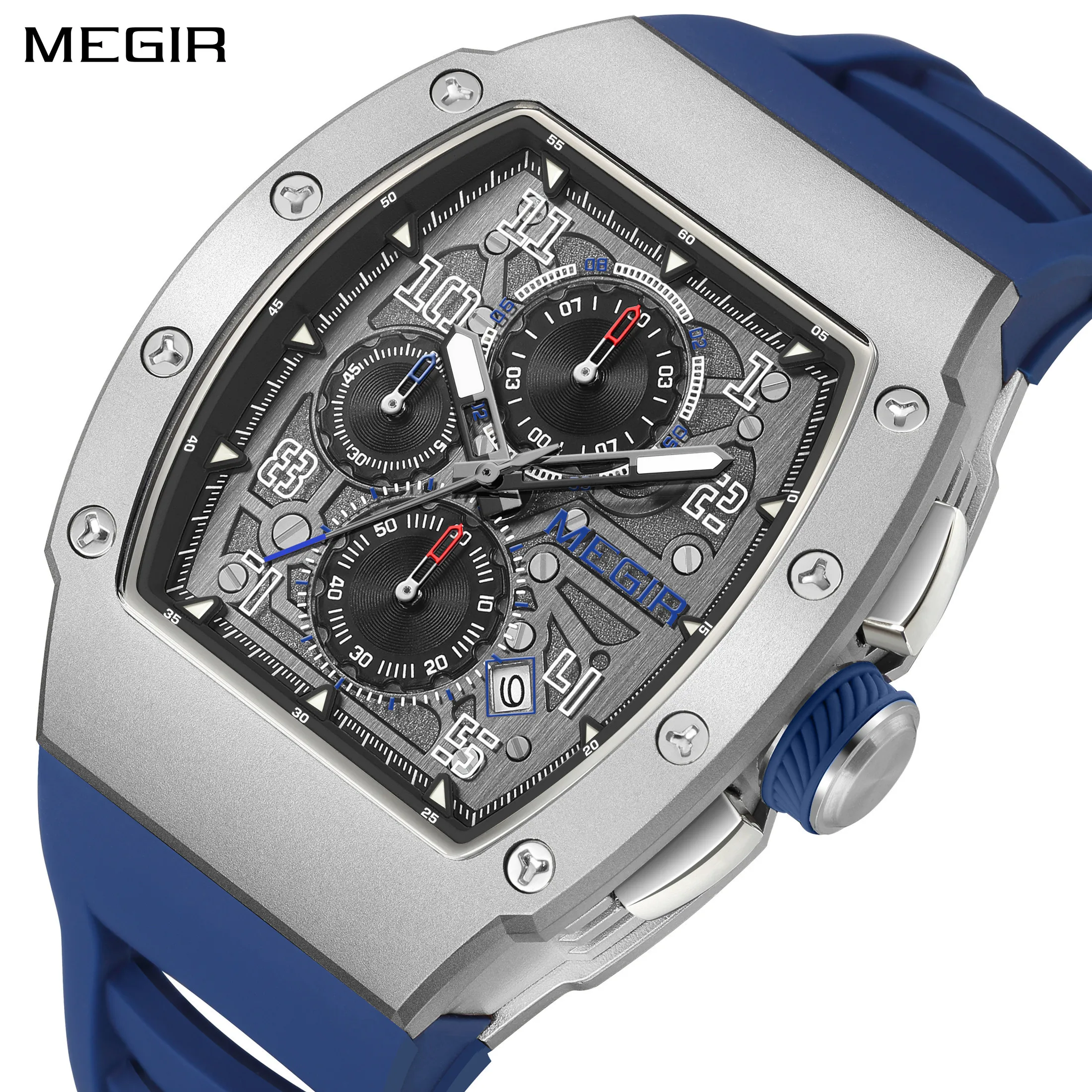 

MEGIR 8411 Luxury Wine Barrel Type Men's Quartz Watch Multi Functional Chronograph Silicone Strap Automatic Date Watches for Man